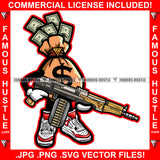 Famous Hustle Cash Money Bag Cartoon Character Machine Gun Bullets Gold Jewelry Dollar Sign Tattoo Hip Hop Rap Plug Trap Street Hood Swag Thug Drip Dripping Art Graphic Design Logo T-Shirt Print Printing JPG PNG SVG Vector Cut File