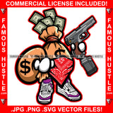 Money Bag Gangster Cartoon Character Cash Bag Face Bandanna Gun Bullets Dollar Sign Tattoo Hip Hop Rap Plug Trap Street Hood Ghetto Swag Thug Boss Hustling Trench Drip Savage  Art Graphic Design Logo T-Shirt Print Printing JPG PNG SVG Vector Cut File