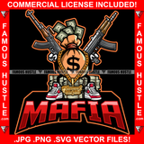 Mafia Money Bag Gangster Cartoon Character Cash Bundles Machine Guns Gold Jewelry Dollar Sign Tattoo Hip Hop Rap Plug Trap Street Hood Swag Thug Boss Trench Drip Savage Quote Art Graphic Design Logo T-Shirt Print Printing JPG PNG SVG Vector Cut File