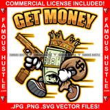 Get Money King Gangster 100 Dollar Bill Money Roll Gold Gun Cash Bag Hip Hop Hat Cap Sneakers Hip Hop Rap Hustler Drip Plug Trap Hood Tattoo Cartoon Character Ghetto Quote Art Graphic Design Logo Print Printing Vector SVG Cut File