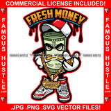 Fresh Money Gangster 100 Dollar Bill Money Roll Mean Face Gold Teeth Jewelry Cap Sneakers Hip Hop Hat Cap Sneakers Hip Hop Rap Drip Plug Trap Hood Tattoo Cartoon Character Ghetto Quote Art Graphic Design Logo Print Printing Vector SVG Cut File