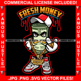 Fresh Money Gangster 100 Dollar Bill Money Roll Mean Face Gold Teeth Jewelry Cap Sneakers Hip Hop Hat Cap Sneakers Hip Hop Rap Drip Plug Trap Hood Tattoo Cartoon Character Ghetto Quote Art Graphic Design Logo Print Printing Vector SVG Cut File