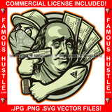 Famous Gangster President Ben Franklin Face $100 Dollar Billcash Dont Move Money Bag Pointing Gun Face Bandanna Cap Hip Hop Rap Plug Trap Hood Ghetto Thug Hustling Drip Rich Art Graphic Design Logo Print Printing Vector SVG Cut File