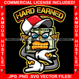 Hard Earned Gangster 100 Dollar Bill Money Roll Mean Face Gold Teeth Rings Earrings Jewelry Cap Hip Hop Rap Drip Plug Trap Hood Tattoo Cartoon Character Ghetto Quote Art Graphic Design Logo Print Printing Vector SVG Cut File