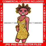 Audacious Sexy Female Teddy Bear Wearing Hot Golden Short Dress Hair Rollers Gold Jewelry Chain Pretty Hip Hop Swag Hustling Savage Flex Drip Famous Pinup Pin Up Art Graphic Design Logo T-Shirt Print Printing JPG PNG SVG Vector Cut File