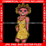 Audacious Sexy Female Teddy Bear Wearing Hot Golden Short Dress Hair Rollers Gold Jewelry Chain Pretty Hip Hop Swag Hustling Savage Flex Drip Famous Pinup Pin Up Art Graphic Design Logo T-Shirt Print Printing JPG PNG SVG Vector Cut File
