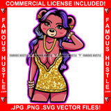 Sexy Female Teddy Bear Wearing Hot Golden Shinny Short Dress Purple Long Hair Gold Jewelry Chain Pretty Hip Hop Swag Hustling Savage Flex Drip Famous Pinup Pin Up Art Graphic Design Logo T-Shirt Print Printing JPG PNG SVG Vector Cut File