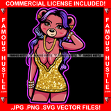 Sexy Female Teddy Bear Wearing Hot Golden Shinny Short Dress Purple Long Hair Gold Jewelry Chain Pretty Hip Hop Swag Hustling Savage Flex Drip Famous Pinup Pin Up Art Graphic Design Logo T-Shirt Print Printing JPG PNG SVG Vector Cut File