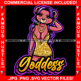 Goddess Sexy Female Teddy Bear Wearing Hot Golden Shinny Short Dress Purple Long Hair Gold Jewelry Chain Pretty Hip Hop Swag Hustling Savage Flex Drip Famous Pinup Pin Up Quote Art Graphic Design Logo T-Shirt Print Printing JPG PNG SVG Vector Cut File