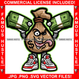 Money Bag Character Dollar Sign Scary Face Holding Cash Bundles Tattoo Rapper Plug Trap Street Hood Ghetto Swag Thug Hustler Hustling Flex Drip Famous Art Graphic Design Logo T-Shirt Print Printing JPG PNG SVG Vector Cut File