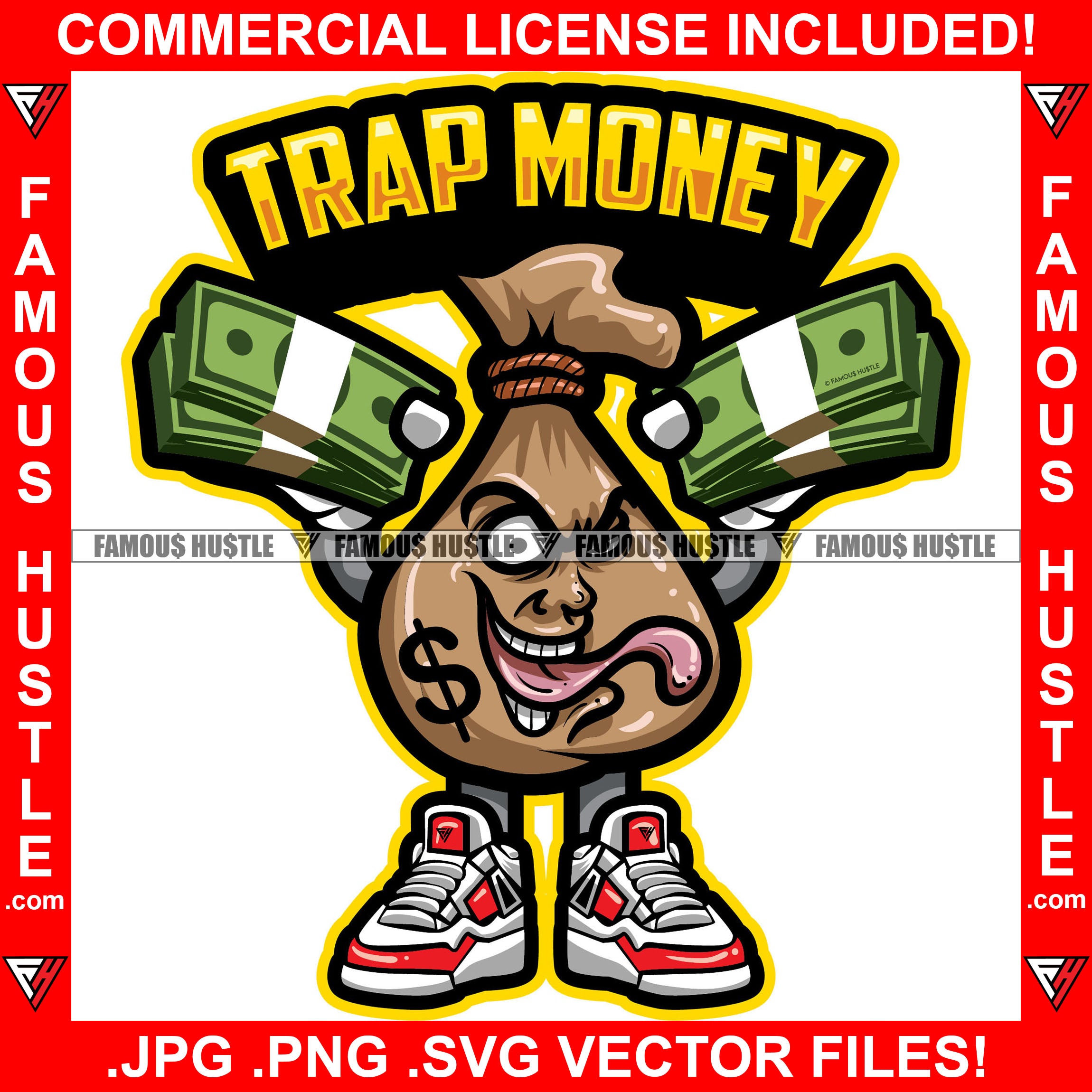 Trap Money Bag Character Dollar Sign Scary Face Sneakers Holding Cash ...