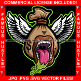 Cash Money Bag Gangster Cartoon Character Angel White Wings Licking Tongue Famous Hustle Hip Hop Rap Plug Trap Street Hood Ghetto Swag Thug Boss Hustler Hustling Trench Drip Savage Art Graphic Design Logo T-Shirt Print Printing JPG PNG SVG Vector Cut File