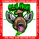 Fly High Cash Money Bag Gangster Cartoon Character Angel Wings Licking Tongue Famous Hip Hop Rap Plug Trap Street Ghetto Swag Thug Boss Hustler Hustling Trench Drip Savage Quote Art Graphic Design Logo T-Shirt Print Printing JPG PNG SVG Vector Cut File