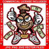 Cash Bag Gangster Cartoon Character Falling Money Mean Face Gold Teeth Jewelry Sneakers Hip Hop Rap Plug Trap Street Hood Ghetto Swag Thug Boss Hustler Hustling Trench Drip Savage Art Graphic Design Logo T-Shirt Print Printing JPG PNG SVG Vector Cut File