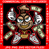 Cash Bag Gangster Cartoon Character Falling Money Mean Face Gold Teeth Jewelry Sneakers Hip Hop Rap Plug Trap Street Hood Ghetto Swag Thug Boss Hustler Hustling Trench Drip Savage Art Graphic Design Logo T-Shirt Print Printing JPG PNG SVG Vector Cut File