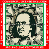 Famous Hustle Gangster President Ben Franklin Face $100 Dollar Bill Roll Vintage Scroll Tattoo Hip Hop Rap Plug Trap Street Hood Ghetto Thug Hustler Hustling Drip Rich Art Graphic Design Logo Print Printing Vector SVG Cut File