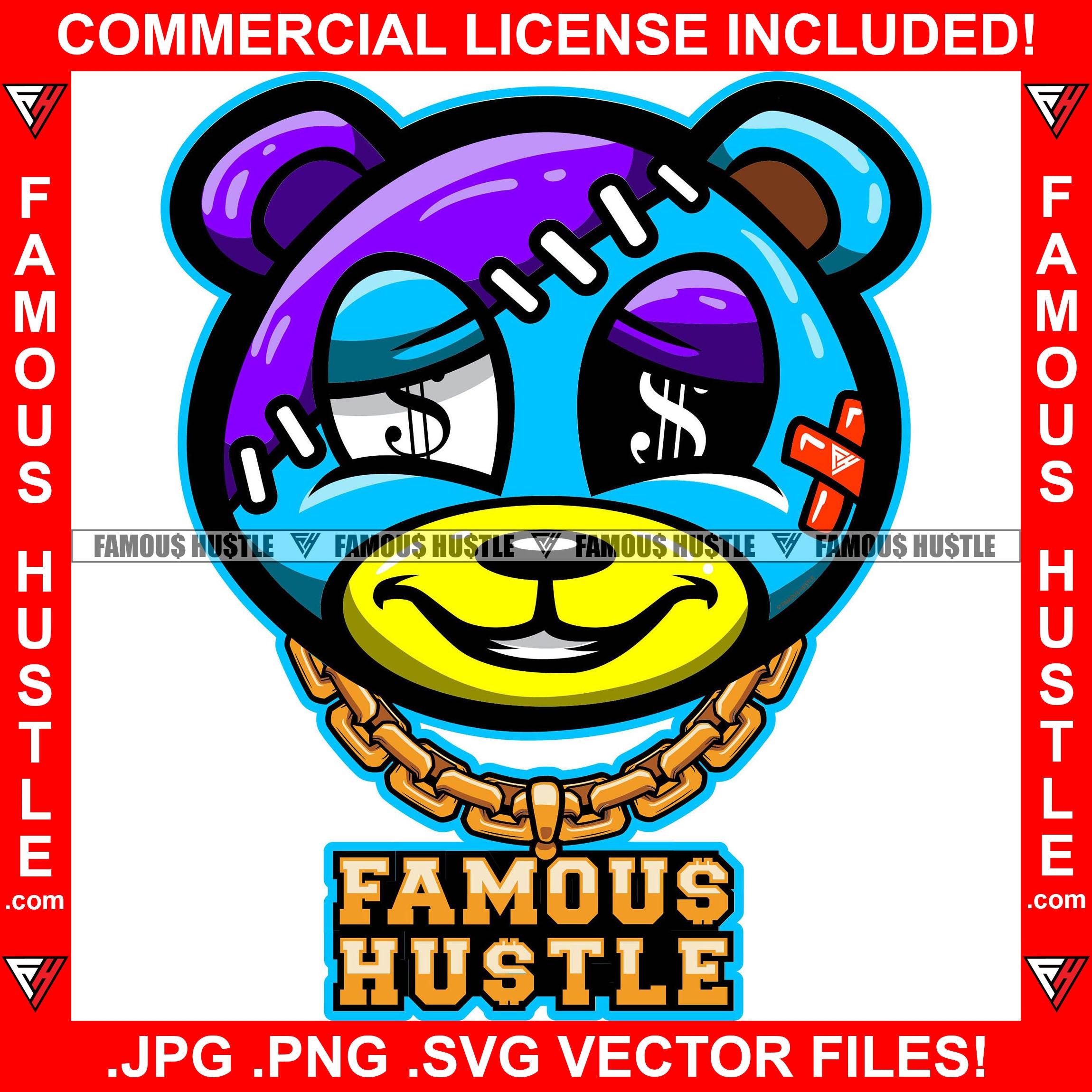 Famous Hustle Cute Horror Teddy Bear Face Sleepy Dollar Sign Eyes Stitches Head Stitched Gold Necklace Tattoo Hip Hop Rap Hustler Boss Drip Swag Plug Trap Hood Quote Art Graphic Design Logo T-Shirt Print Printing JPG PNG SVG Vector Cut File