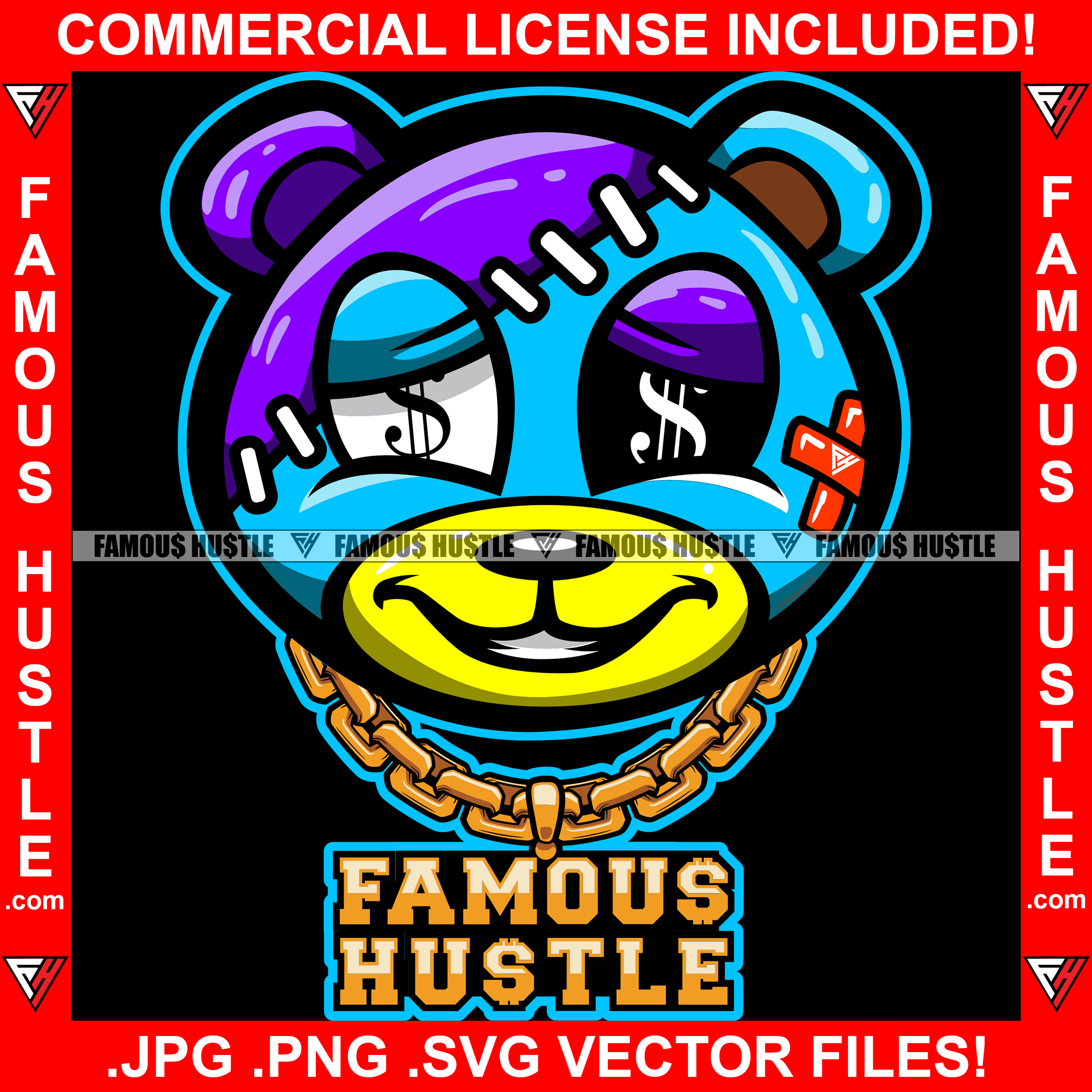Famous Hustle Cute Horror Teddy Bear Face Sleepy Dollar Sign Eyes Stitches Head Stitched Gold Necklace Tattoo Hip Hop Rap Hustler Boss Drip Swag Plug Trap Hood Quote Art Graphic Design Logo T-Shirt Print Printing JPG PNG SVG Vector Cut File