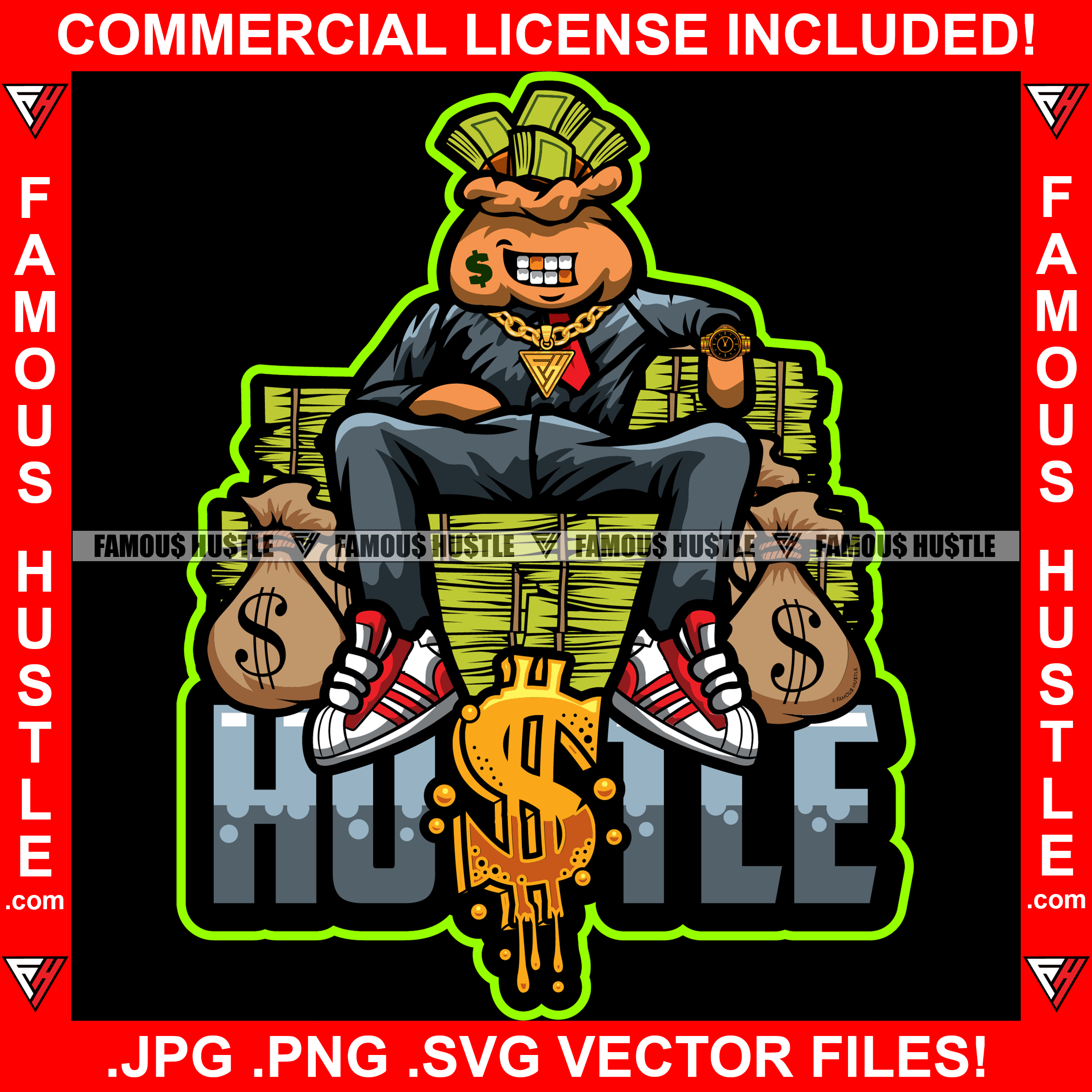 Hustle Money Bag Cartoon Character Sitting On Cash Chair Bags Dollar Tattoo Gold Jewelry Teeth Hip Hop Rap Plug Trap Street Hood Ghetto Swag Thug Drip Dripping Art Graphic Design Logo T-Shirt Print Printing JPG PNG SVG Vector Cut File