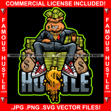 Hustle Money Bag Cartoon Character Sitting On Cash Chair Bags Dollar Tattoo Gold Jewelry Teeth Hip Hop Rap Plug Trap Street Hood Ghetto Swag Thug Drip Dripping Art Graphic Design Logo T-Shirt Print Printing JPG PNG SVG Vector Cut File