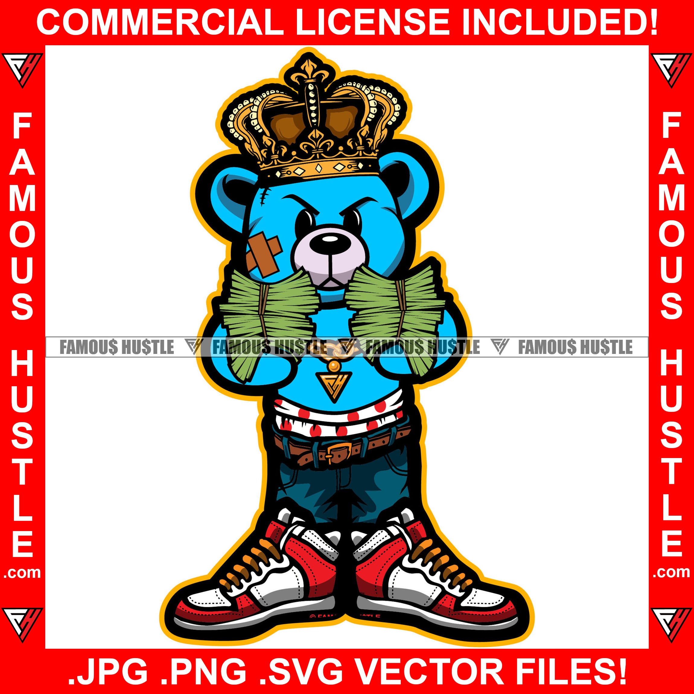 Gangster Teddy Bear King Scar Face Crown Gold Necklace Jewelry Holding Cash Money Stack In Both Hands Low Pants Tattoo Hip Hop Rap Hustler Famous Hustle Art Graphic Design Logo T-Shirt Print Printing JPG PNG SVG Vector Cut File