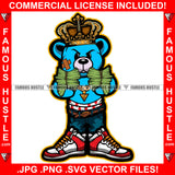 Gangster Teddy Bear King Scar Face Crown Gold Necklace Jewelry Holding Cash Money Stack In Both Hands Low Pants Tattoo Hip Hop Rap Hustler Famous Hustle Art Graphic Design Logo T-Shirt Print Printing JPG PNG SVG Vector Cut File