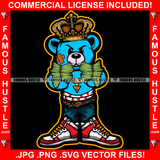 Gangster Teddy Bear King Scar Face Crown Gold Necklace Jewelry Holding Cash Money Stack In Both Hands Low Pants Tattoo Hip Hop Rap Hustler Famous Hustle Art Graphic Design Logo T-Shirt Print Printing JPG PNG SVG Vector Cut File