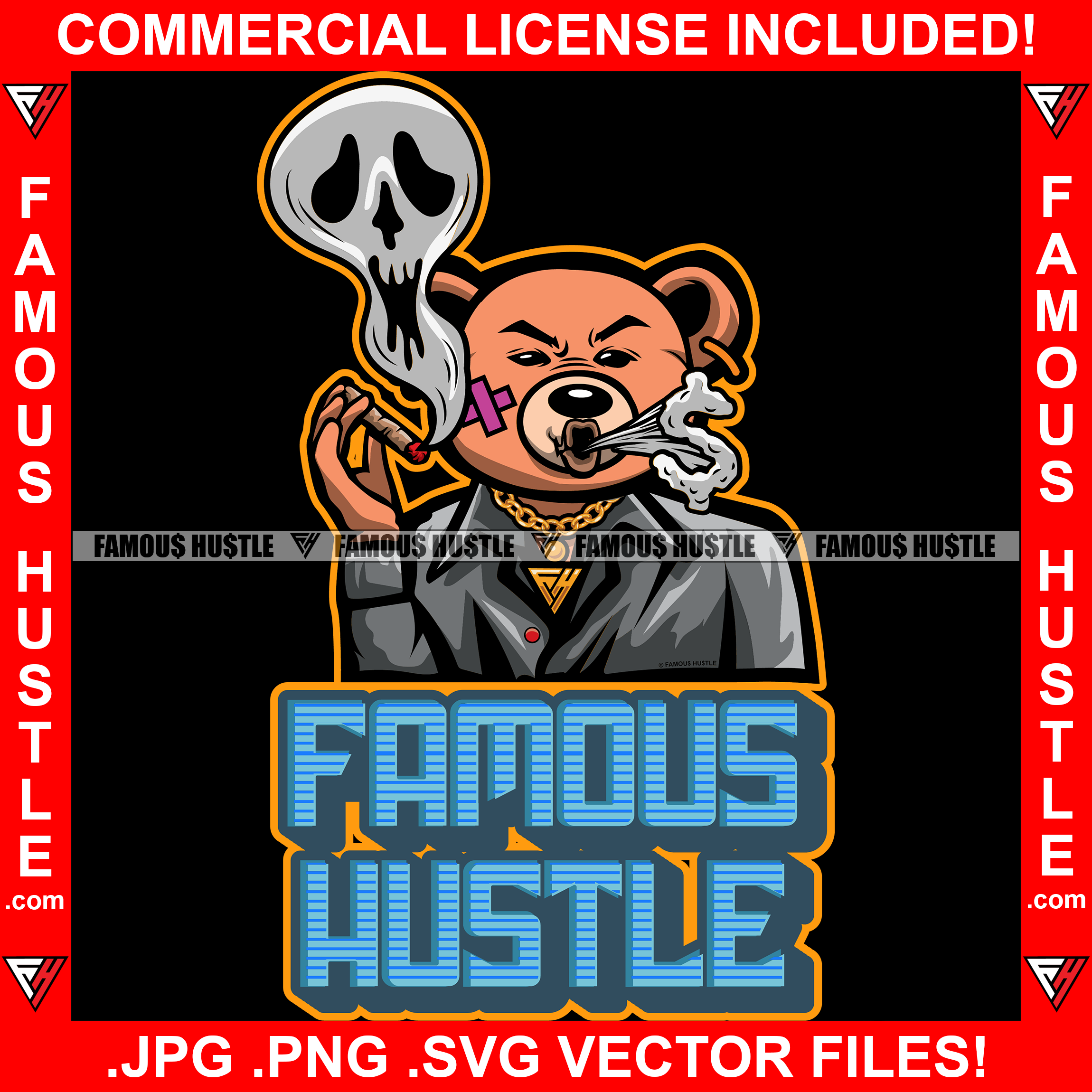 Famous Hustle Gangster Teddy Bear Boss Smoking Cigar Blunt Ghost Smoke Blowing Out Dollar Sign Jewelry Tattoo Hip Hop Rap Hustler Plug Trap Hood Thug Street Mafia Mob Hustle Quote Art Graphic Design Logo T-Shirt Print Printing JPG PNG SVG Vector Cut File