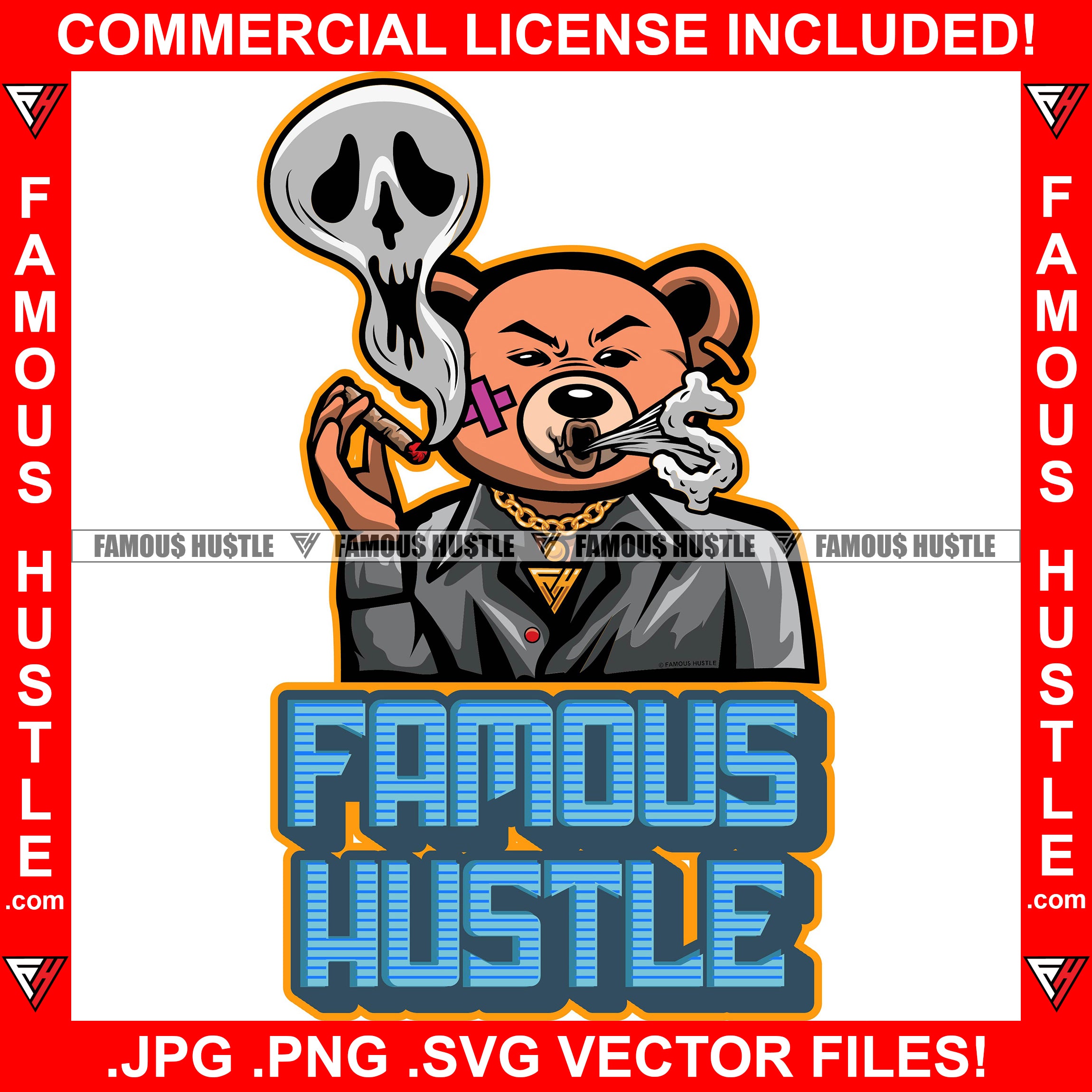 Famous Hustle Gangster Teddy Bear Boss Smoking Cigar Blunt Ghost Smoke Blowing Out Dollar Sign Jewelry Tattoo Hip Hop Rap Hustler Plug Trap Hood Thug Street Mafia Mob Hustle Quote Art Graphic Design Logo T-Shirt Print Printing JPG PNG SVG Vector Cut File