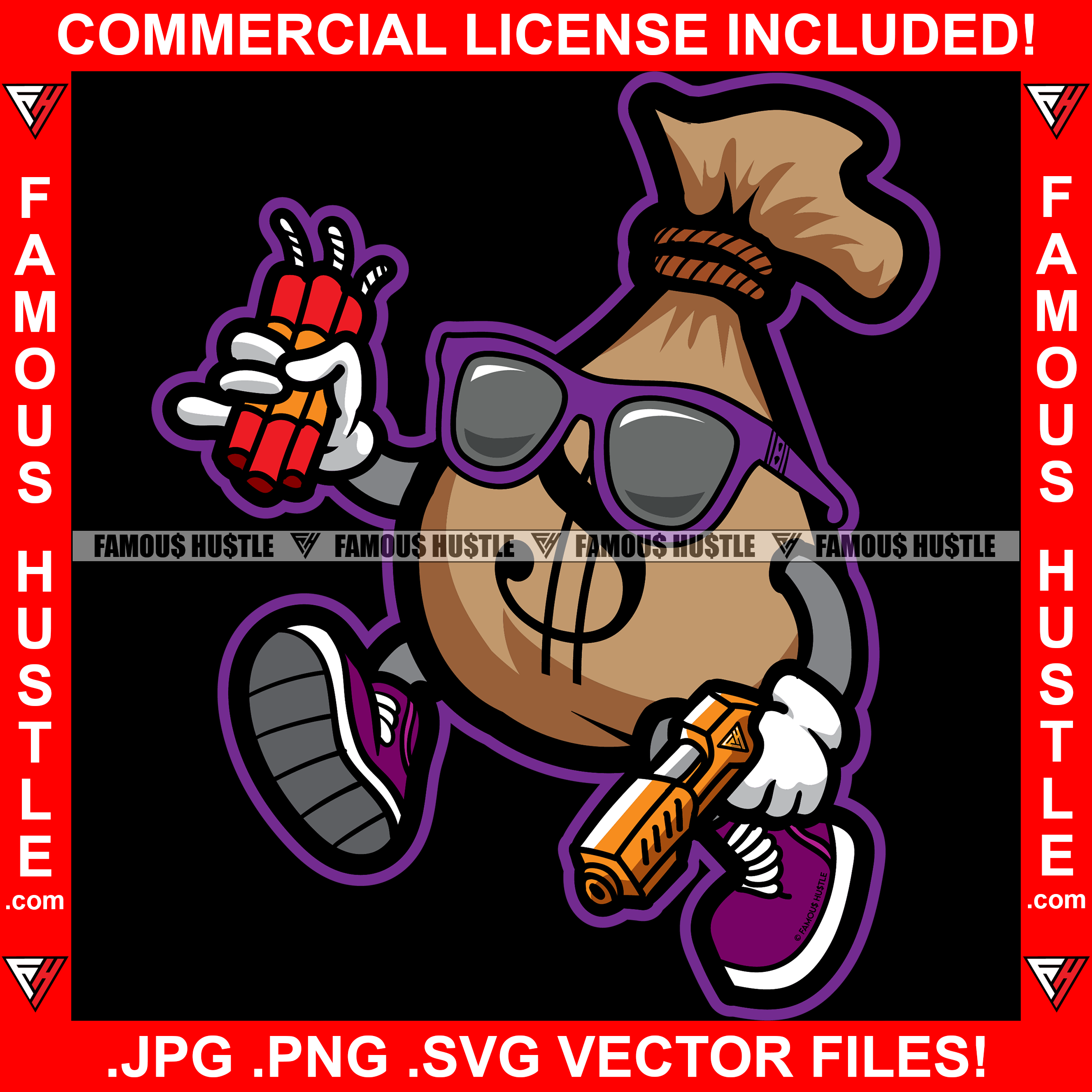 Cash Money Bag Gangster Cartoon Character Wearing Glasses Holding Dynamite & Gun Famous Hustle Hip Hop Rap Plug Trap Hustler Hustling Sauce Dope Mob Slum Slime Goon Smoke Gang Art Graphic Design Logo T-Shirt Print Printing JPG PNG SVG Vector Cut File