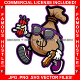 Cash Money Bag Gangster Cartoon Character Wearing Glasses Holding Dynamite & Gun Famous Hustle Hip Hop Rap Plug Trap Hustler Hustling Sauce Dope Mob Slum Slime Goon Smoke Gang Art Graphic Design Logo T-Shirt Print Printing JPG PNG SVG Vector Cut File