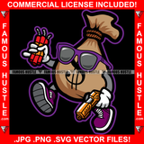Cash Money Bag Gangster Cartoon Character Wearing Glasses Holding Dynamite & Gun Famous Hustle Hip Hop Rap Plug Trap Hustler Hustling Sauce Dope Mob Slum Slime Goon Smoke Gang Art Graphic Design Logo T-Shirt Print Printing JPG PNG SVG Vector Cut File