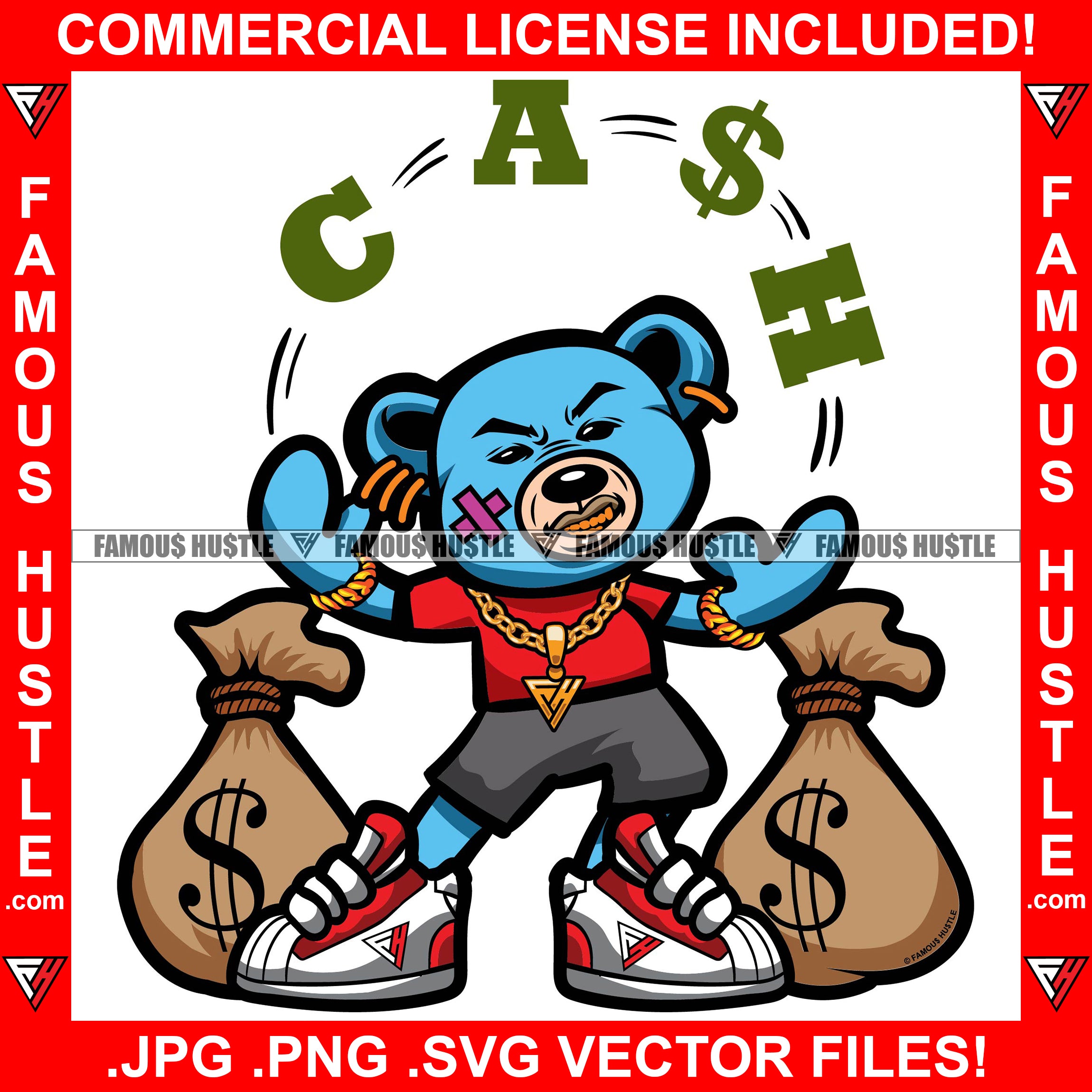 Gangster Teddy Bear Gold Teeth Necklace Chain Juggling Cash Wearing Sneakers Hip Hop Rap Rapper Plug Trap Street Hood Ghetto Thug Hustler Hustling Drip Savage Famous Hustle Quote Art Graphic Design Logo T-Shirt Print Printing JPG PNG SVG Vector Cut File
