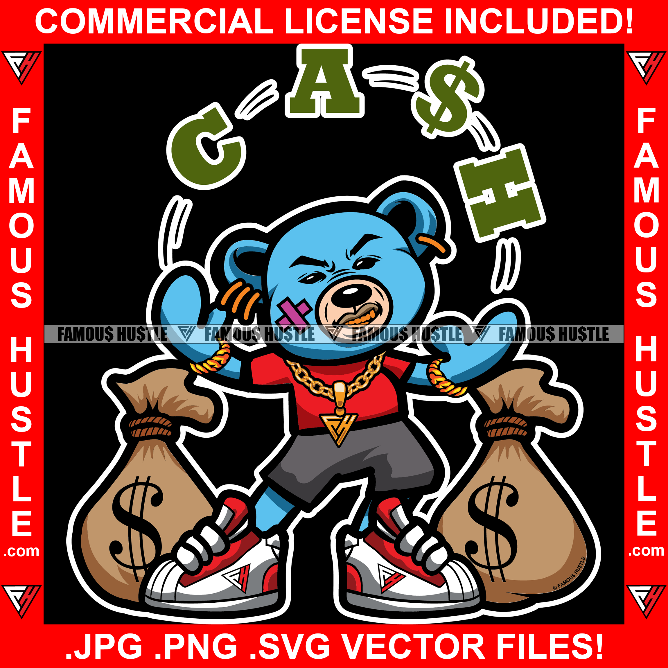 Gangster Teddy Bear Gold Teeth Necklace Chain Juggling Cash Wearing Sneakers Hip Hop Rap Rapper Plug Trap Street Hood Ghetto Thug Hustler Hustling Drip Savage Famous Hustle Quote Art Graphic Design Logo T-Shirt Print Printing JPG PNG SVG Vector Cut File