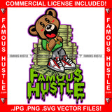Famous Hustle Gangster Teddy Bear Cash Money Stacks Laughing Dollar Sign Eyes Gold Necklace Jewelry Purple Drink Lean Drip Dripping Tattoo Hip Hop Rap Hustler Famous Hustle Quote Art Graphic Design Logo T-Shirt Print Printing JPG PNG SVG Vector Cut File