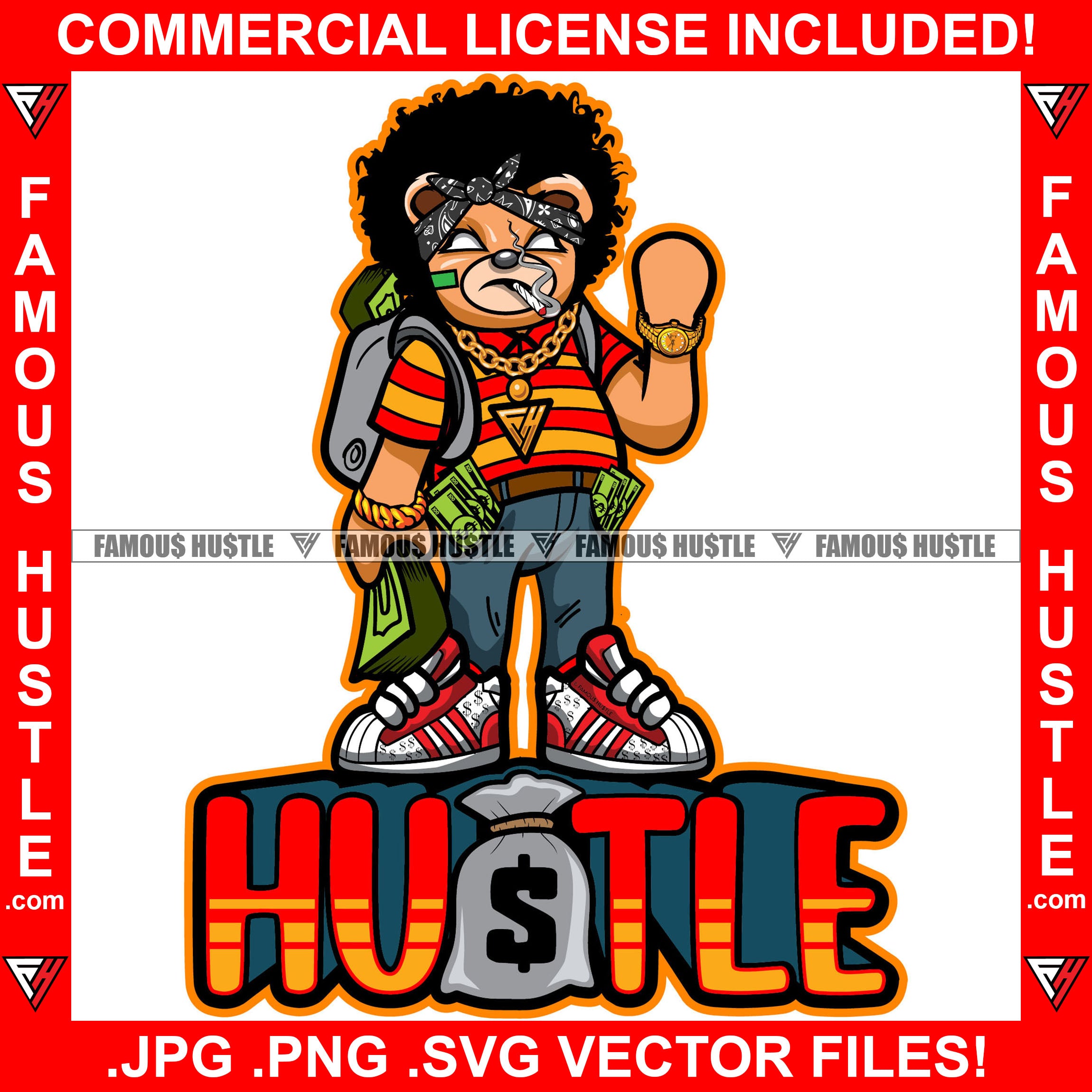 Hustle Gangster Teddy Bear White Eyes Smoking Marijuana Pot Joint Cash Stack In Hands Money Bag Gold Jewelry Watch Art Graphic Design Logo T-Shirt Print Printing JPG PNG SVG Vector Cut File
