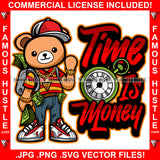 Time Is Money Happy Famous Hustle Rich Teddy Bear Money Backpack Gold Necklace Flexing Luxury Watch Cash Stack Bag Cap Tattoo Hip Hop Rap Hustler Drip Trap Hood Street Quote Art Graphic Design Logo T-Shirt Print Printing JPG PNG SVG Vector Cut File
