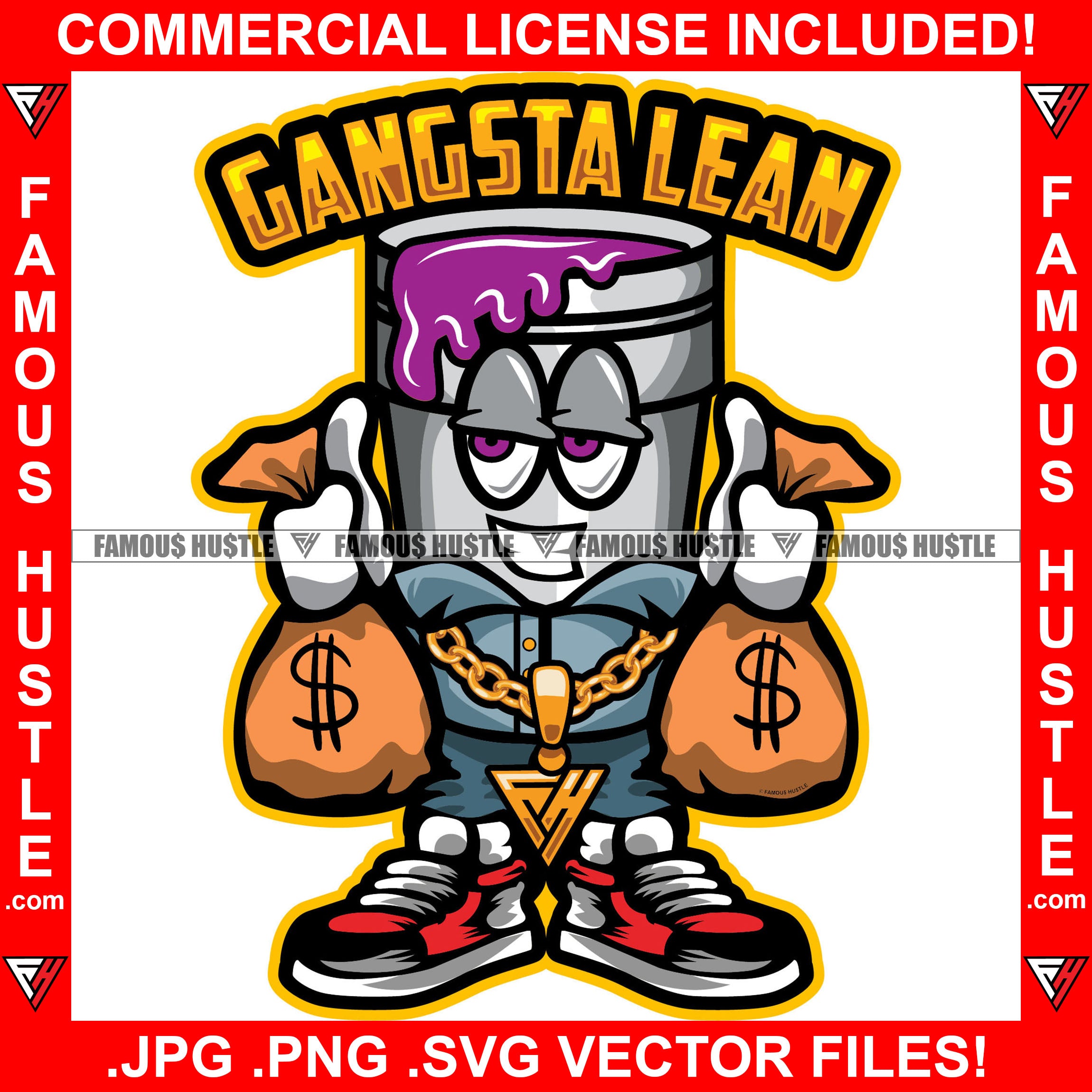 Gangster Lean Purple Drip Drink Cup Cartoon Character Gold Necklace Money Cash Bags Tattoo Hip Hop Rap Hustler Drip Trap Hood Thug Gang Street Ghetto Rich Famous Hustle Quote Art Graphic Design Logo T-Shirt Print Printing JPG PNG SVG Vector Cut File