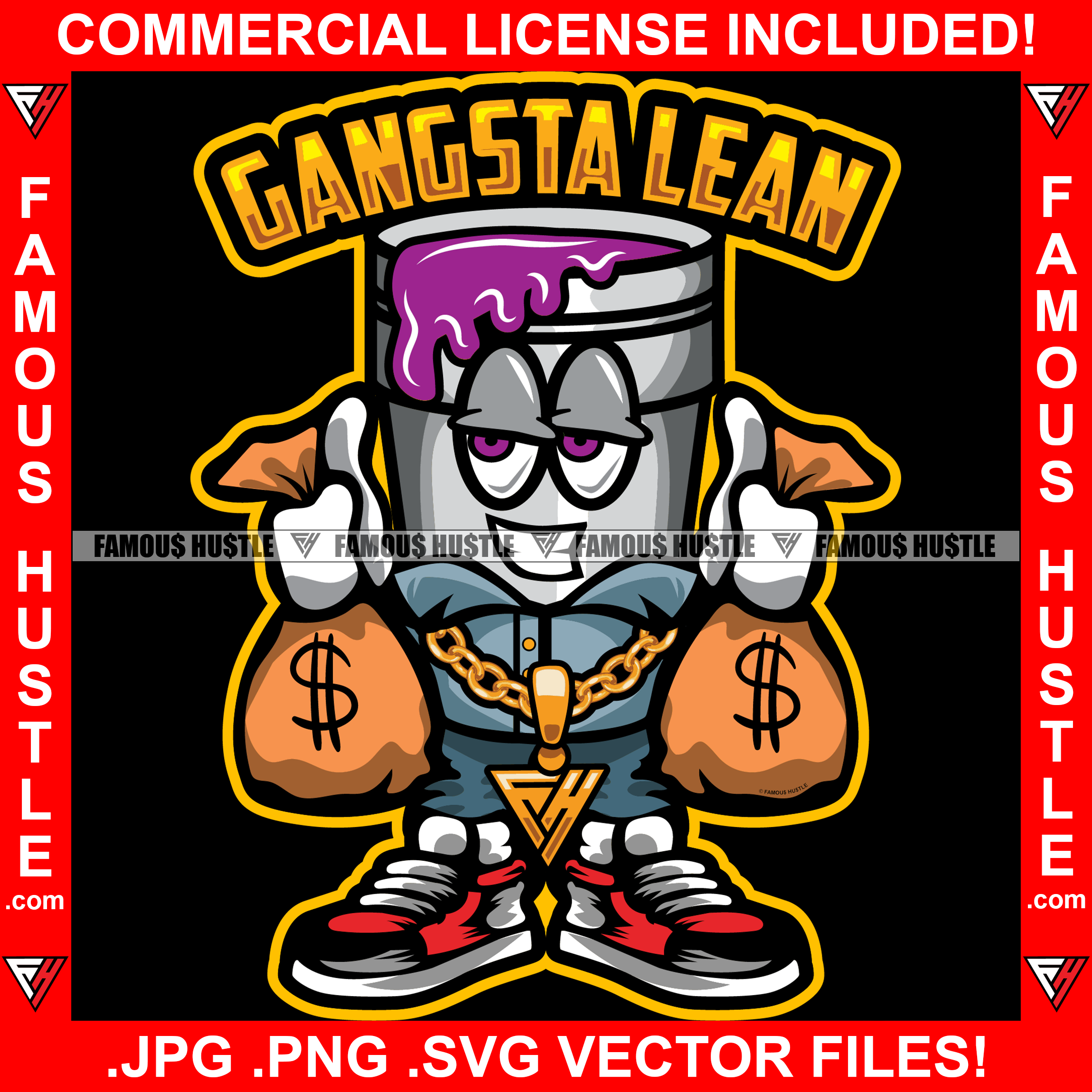 Gangster Lean Purple Drip Drink Cup Cartoon Character Gold Necklace Money Cash Bags Tattoo Hip Hop Rap Hustler Drip Trap Hood Thug Gang Street Ghetto Rich Famous Hustle Quote Art Graphic Design Logo T-Shirt Print Printing JPG PNG SVG Vector Cut File
