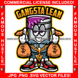 Gangster Lean Purple Drip Drink Cup Cartoon Character Gold Necklace Money Cash Bags Tattoo Hip Hop Rap Hustler Drip Trap Hood Thug Gang Street Ghetto Rich Famous Hustle Quote Art Graphic Design Logo T-Shirt Print Printing JPG PNG SVG Vector Cut File