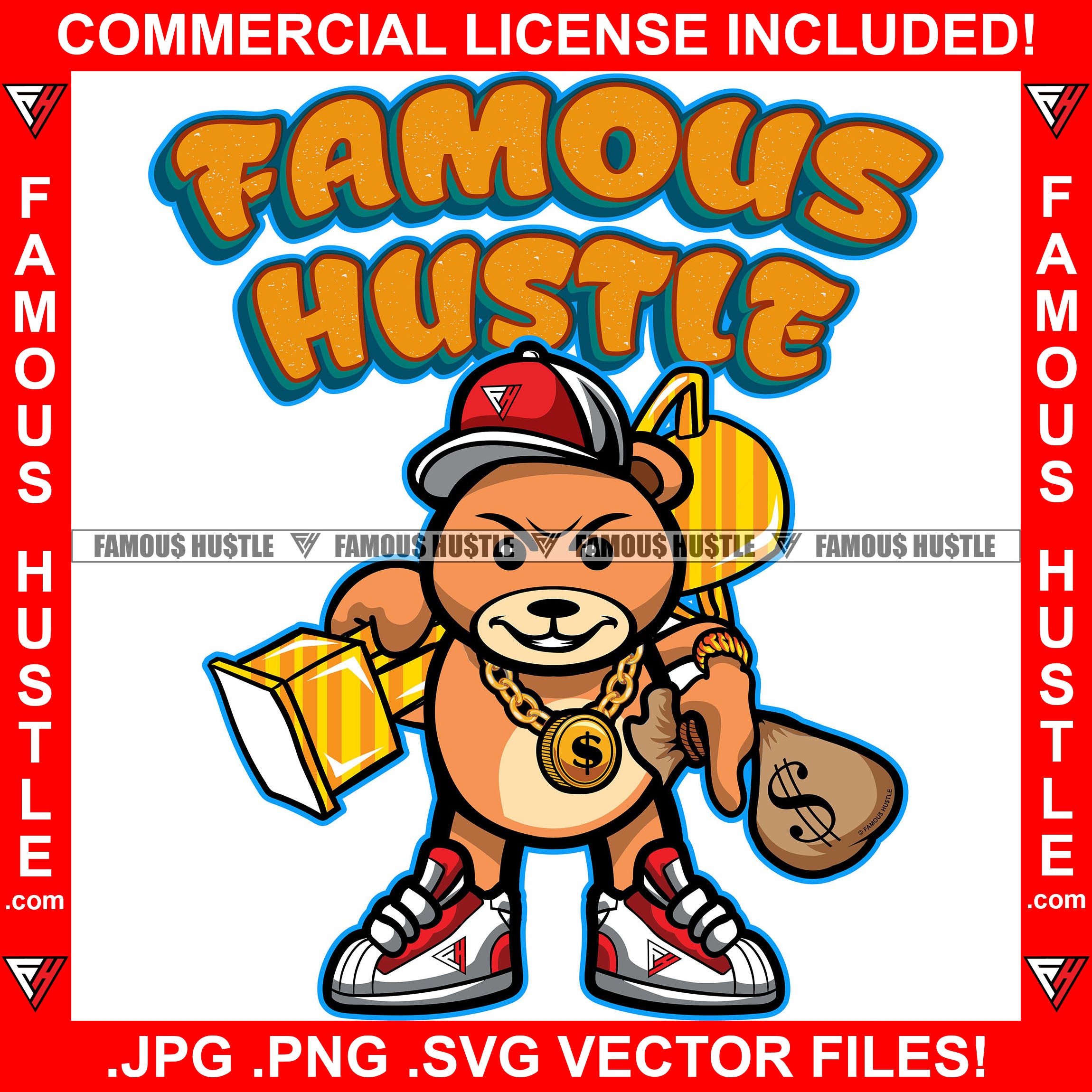 Cute Famous Hustle Teddy Bear Gold Holding Trophy Necklace Cash Money Bag Tattoo Tattoo Hip Hop Rap Hustler Boss Drip Swag Plug Trap Hood Street Cartoon Famous Hustle Quote Art Graphic Design Logo T-Shirt Print Printing JPG PNG SVG Vector Cut File