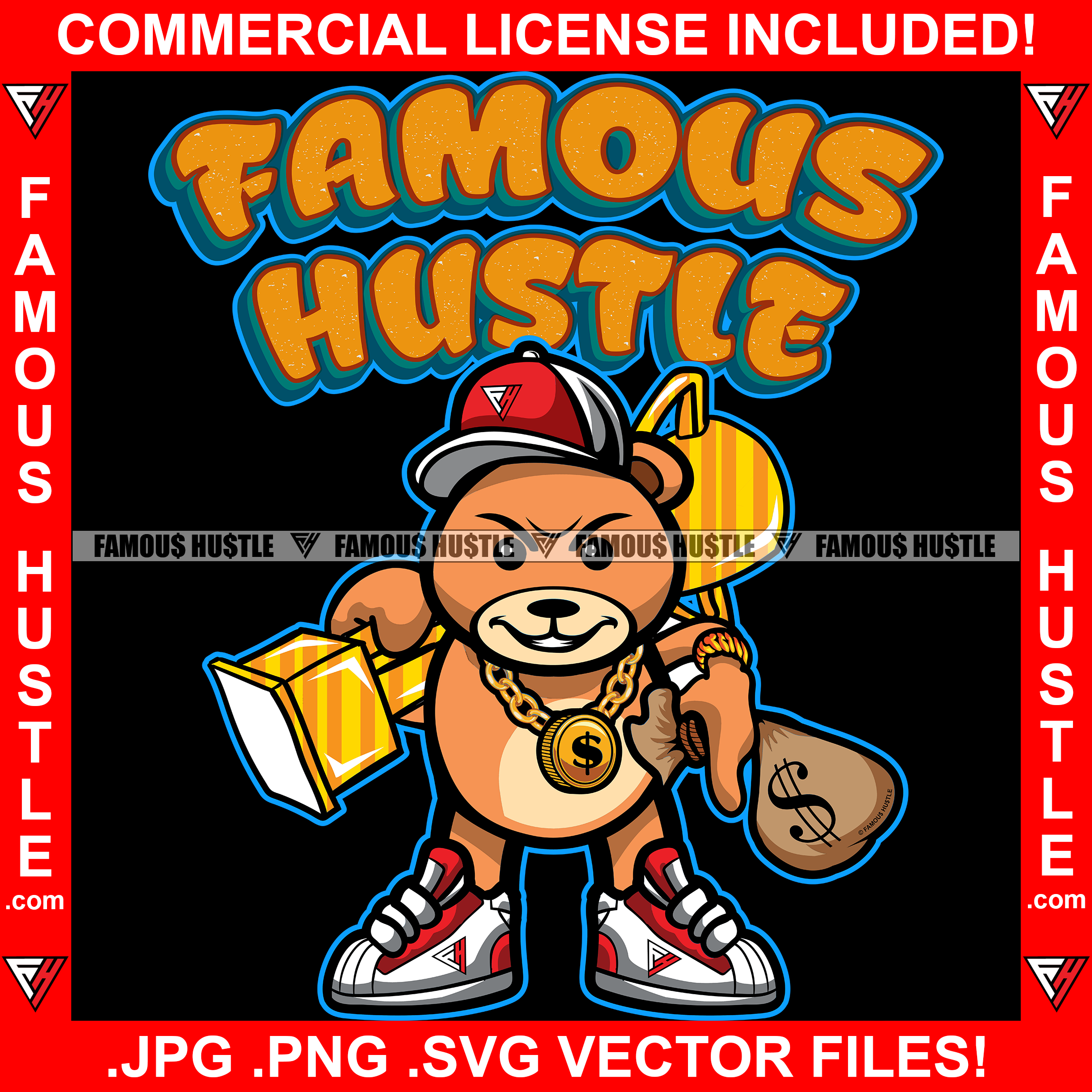 Cute Famous Hustle Teddy Bear Gold Holding Trophy Necklace Cash Money Bag Tattoo Tattoo Hip Hop Rap Hustler Boss Drip Swag Plug Trap Hood Street Cartoon Famous Hustle Quote Art Graphic Design Logo T-Shirt Print Printing JPG PNG SVG Vector Cut File