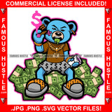 Famous Hustle Gangster Blue Teddy Bear Smoking Cigar Blunt Dollar Sign Smoke Gold Jewelry Cash Money Bundles Stack Hip Hop Rap Plug Trap Hood Swag Thug Famous Hustle Art Graphic Design Logo T-Shirt Print Printing JPG PNG SVG Vector Cut File