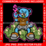 Famous Hustle Gangster Blue Teddy Bear Smoking Cigar Blunt Dollar Sign Smoke Gold Jewelry Cash Money Bundles Stack Hip Hop Rap Plug Trap Hood Swag Thug Famous Hustle Art Graphic Design Logo T-Shirt Print Printing JPG PNG SVG Vector Cut File