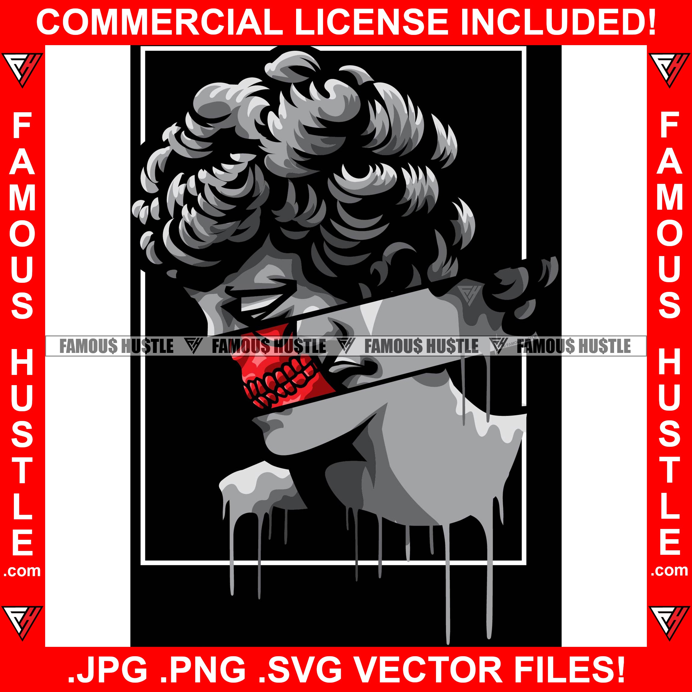 Angel Statue Split In Half Red Skull Teeth Dripping Retro Vintage Tattoo Hip Hop Rap Hustler Boss Drip Plug Trap Hood Thug Gang Street Mafia Mob Ghetto Cartoon Famous Hustle Quote Art Graphic Design Logo T-Shirt Print Printing JPG PNG SVG Vector Cut File