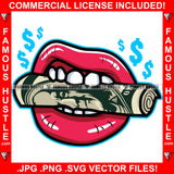 Double Up Sexy Red Lips White Teeth Holding Roll Of Cash Money $100 Hip Hop Rap Plug Trap Hustler Rapper Dope Baller Trapper Hustling Flex Dripping Famous Hustle Rich Art Graphic Design Logo T-Shirt Print Printing JPG PNG SVG Vector Cut File