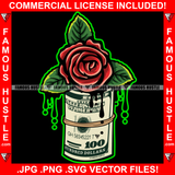 Gangster 100 Dollar Bill Money Roll Red Rose Drip Dripping Hip Hop Rap Hustler Drip Plug Trap Hood Tattoo Cartoon Character Ghetto Demon Rapper Dope Baller Trapper Hustling Art Graphic Design Logo Print Printing Vector SVG Cut File