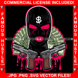 Runnin The Streets Gangster Hustle Black Man Ski Mask Red Eyes Dripping Cash Money Pistol Guns Hip Hop Rap Plug Trap Street Hood Ghetto Swag Thug Famous Hustle Baller Trapper Art Graphic Design Logo T-Shirt Print Printing JPG PNG SVG Vector Cut File