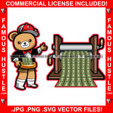 Famous Hustle Gangster Cute Teddy Bear Making Money Cash Printing Machine Cap Gold Bowl Hip Hop Rap Rapper Plug Trap Street Hood Ghetto Swag Thug Hustler Hustling Baller Trapper Art Graphic Design Logo T-Shirt Print Printing JPG PNG SVG Vector Cut File