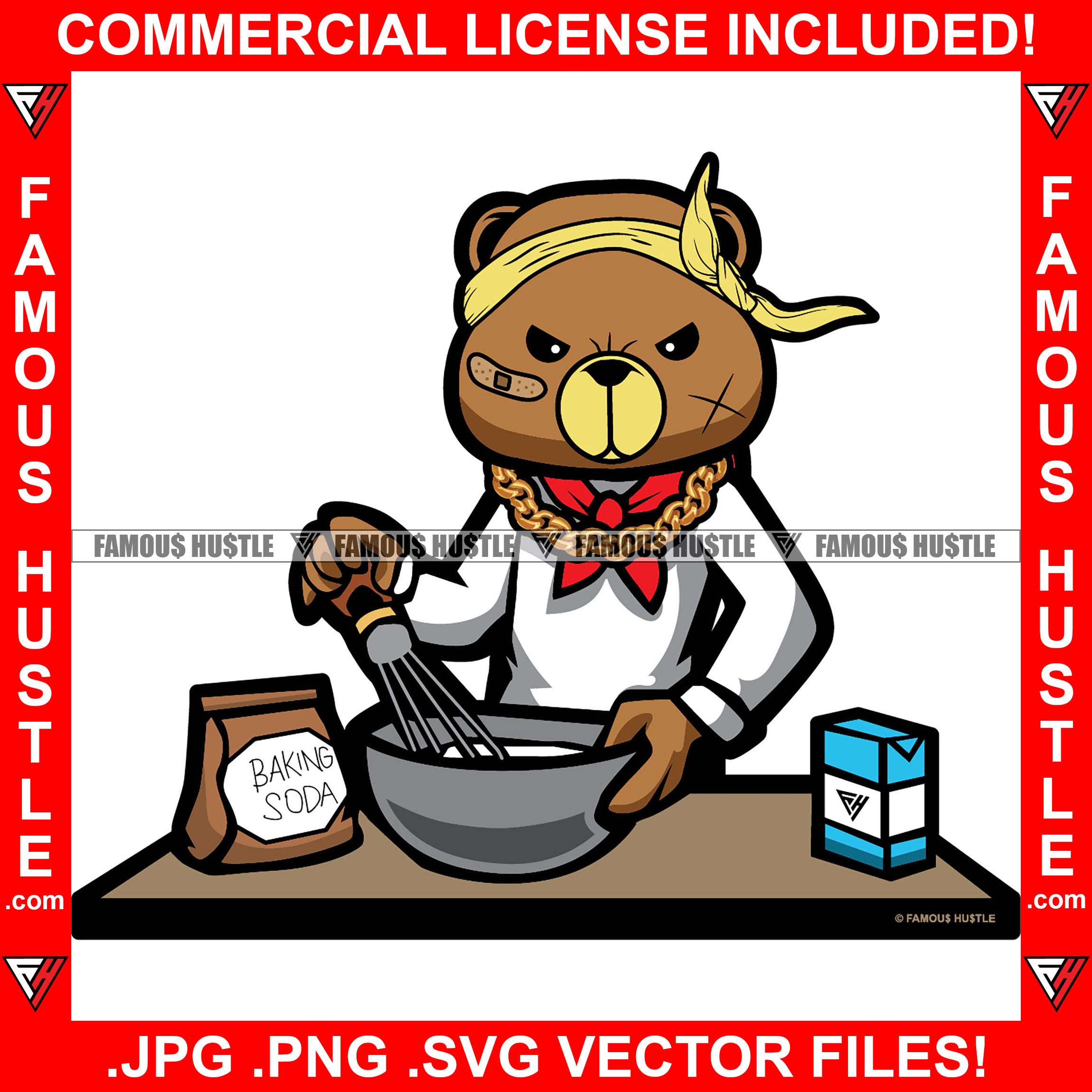 Gangster Teddy Bear Chef Drug Dealer Cooking Up Baking Soda Cook Baker Scar Face Angry Tattoo Hip Hop Rap Boss Drip Hood Thug Gang Street Mafia Mob Trapper Famous Hustle Rich Art Graphic Design Logo T-Shirt Print Printing JPG PNG SVG Vector Cut File